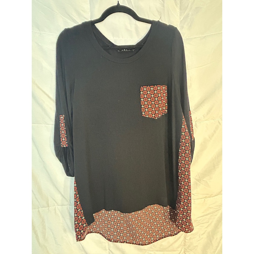 EZRA Black Geometric Print Pocket Sleeve Hem Tunic Top Women's Large‎